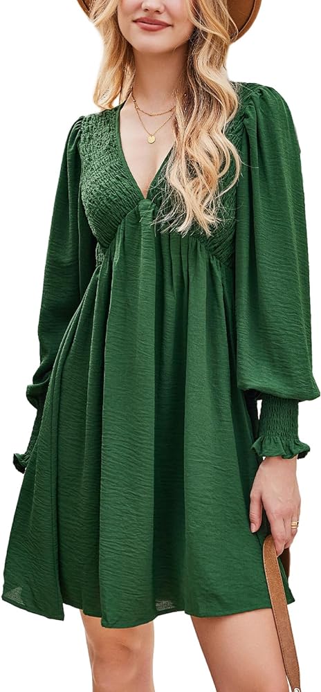 CUPSHE Women's Mini Dress Smocked V Neck Long Sleeve Empire Waist Casual A Line Dress