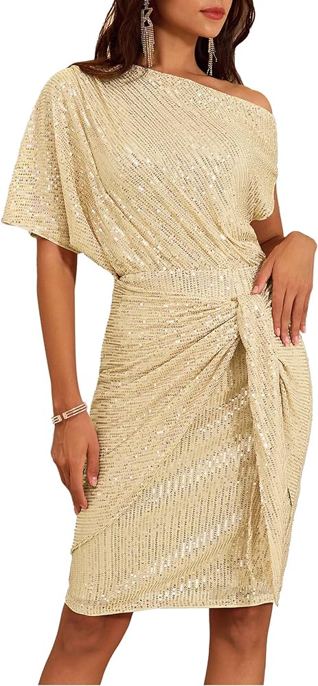 GRACE KARIN Women's Sequin Sparkly Glitter Party Club Dress One Shoulder Ruched Cocktail Bodycon Dress