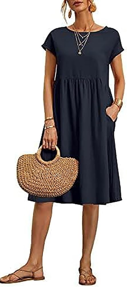 Dresses for Women 2024 Summer Cotton Linen Solid Gauze Dress Loose Casual Beach Vacation Flowy Midi Dress with Pockets