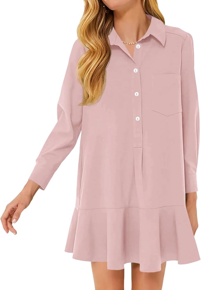 Fisoew Womens Casual Button Down Shirt Dress Long Sleeve Collared Pleated Swing Mini Dresses