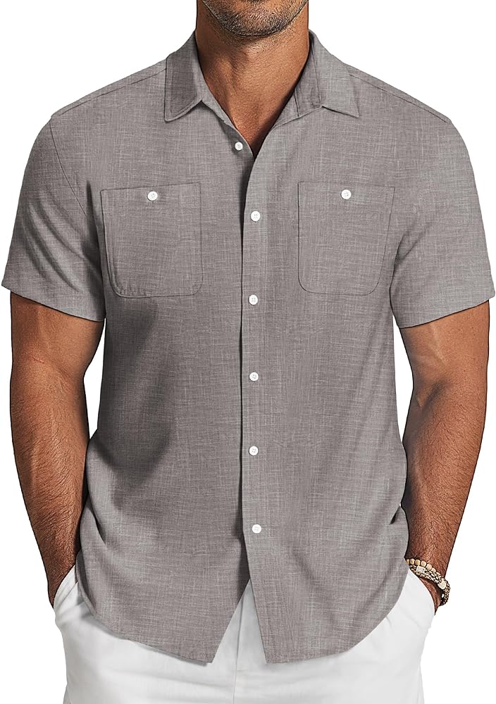 COOFANDY Men's Linen Shirt Beach Summer Short Sleeve Button Down Casual Shirts