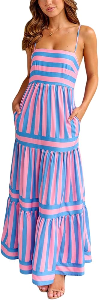 Women Striped Print Maxi Dress Spaghetti Strap Flowy Tiered Dress Sleeveless Casual Summer Sundress