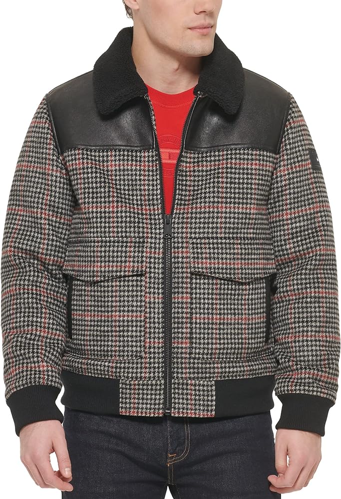 Tommy Hilfiger Men's Mixed Media Wool Blend Sherpa Collar Bomber