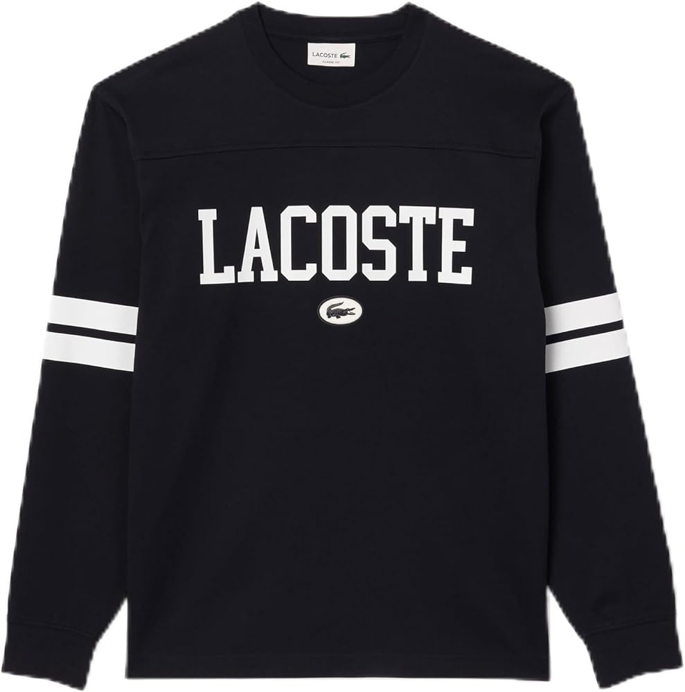 Lacoste Men's Long Classic Fit Tee Shirt W/Large Wording on Front and Stripes to Sleeves