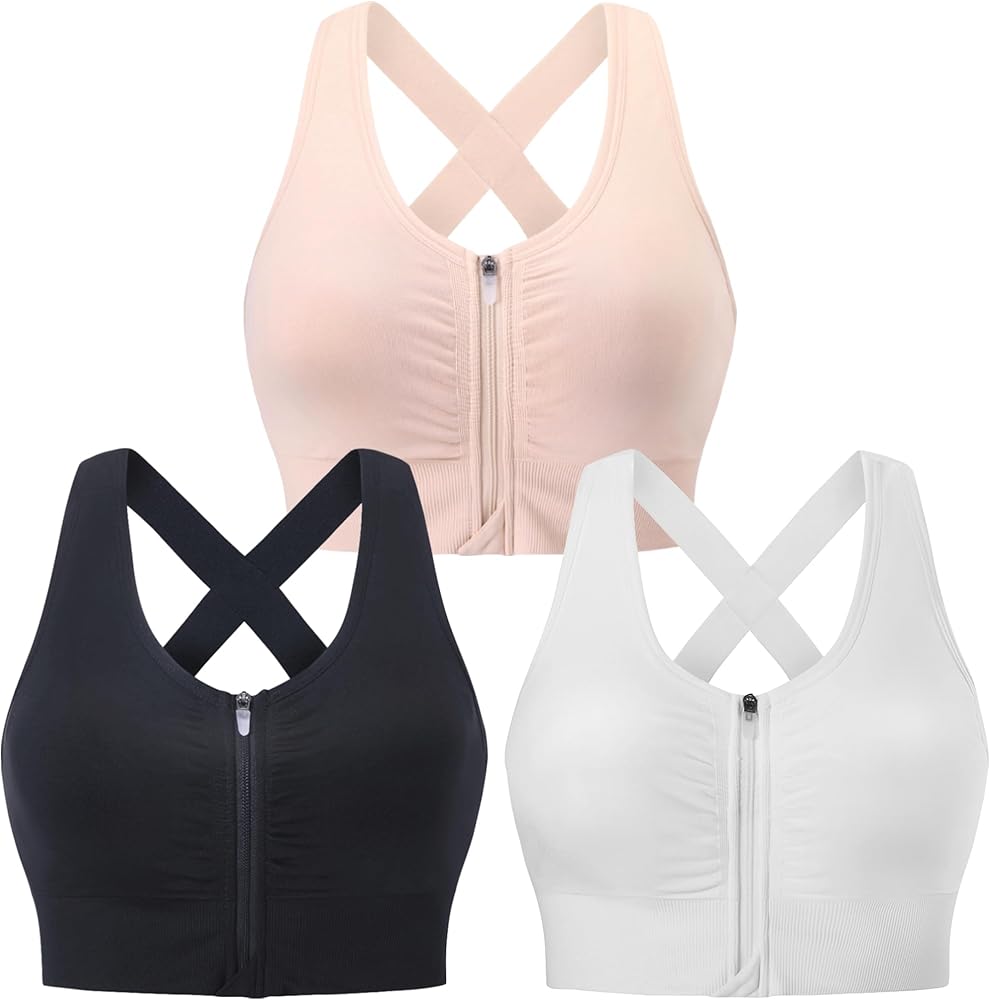 Evercute Zip Front Post-Surgery Bra Women's Wireless Sports Bras Padded Strappy Medium Support Yoga Exercise Athletic Bras