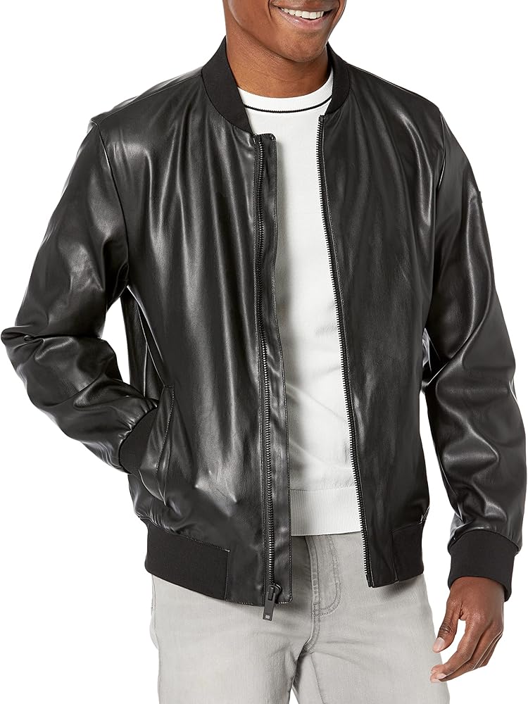 DKNY Men's Faux Leather Varsity Bomber Jacket