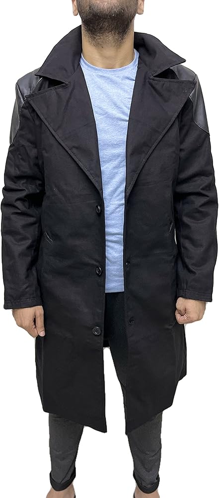 Billy Men's Butcher Long Coat Real Leather Patch Cotton Trench Coat Jacket