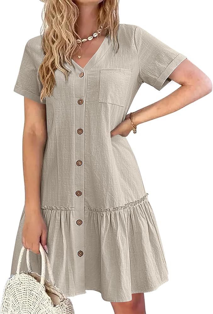 HOTOUCH Women Button Down Dress Loose Summer Cotton Linen Dress Ruffle Hem Casual Dress Short Sleeve Tunic Dress