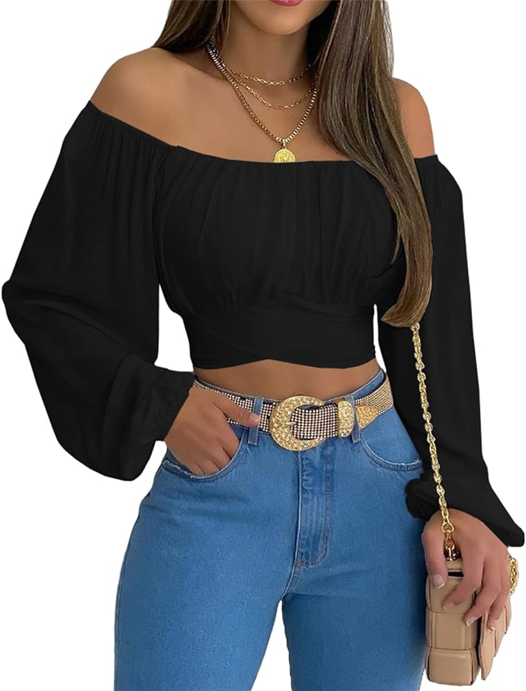 MIRACMODA Woman Off Shoulder Ruched Tie Back Crop Top Summer Lantern Sleeve Boho Shirt Blouse