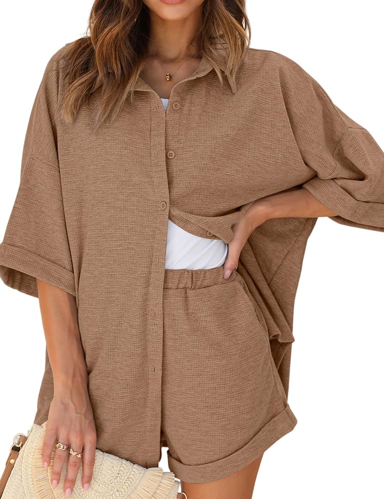 Ekouaer Waffle Knit Lounge Sets for Women Short Sleeve Pajamas Button Down Pjs Oversized Loungewear Shorts Set