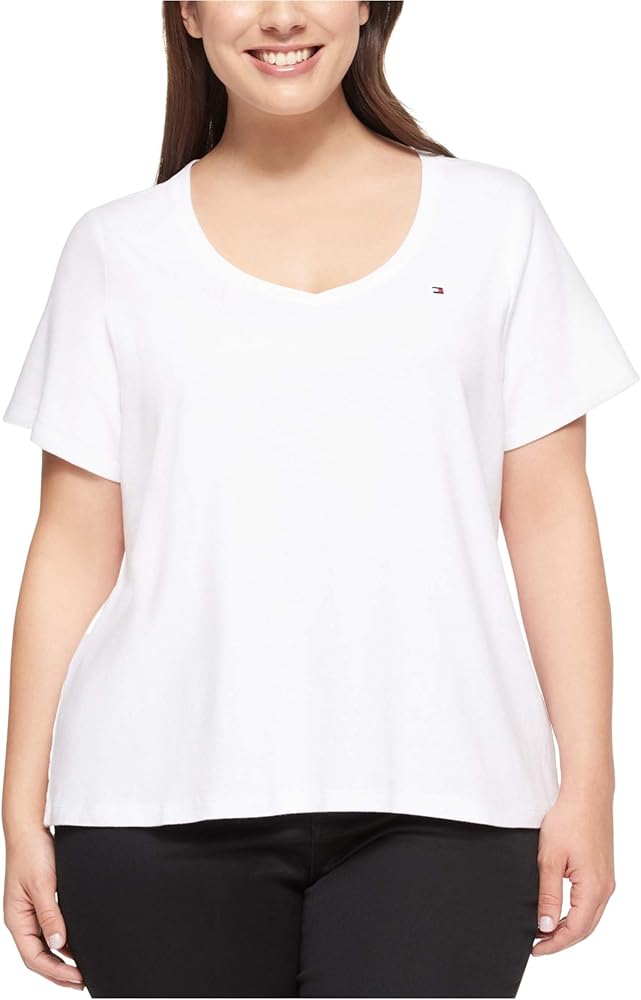 Tommy Hilfiger Women's Short Sleeve Tops - Cotton Shirts With V-neckline and Logo Detail