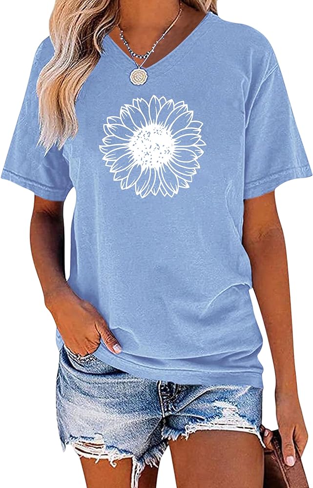 EADINVE Women's Short Sleeve V Neck Sunflower Graphic Printed Summer Tee Vintage T Shirt Cotton Tops Novelty Cool Shirt