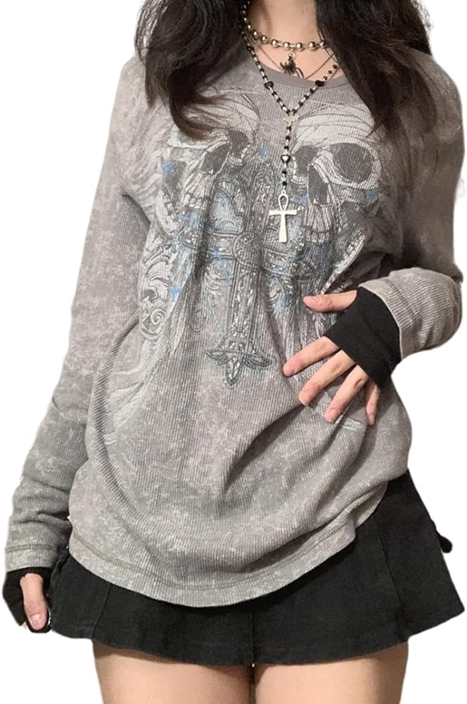 Women Vintage Fairy Grunge Y2K Long Sleeve Shirt Skull Graphic Printed Gothic Tee Tops Aesthetic Harajuku Tops