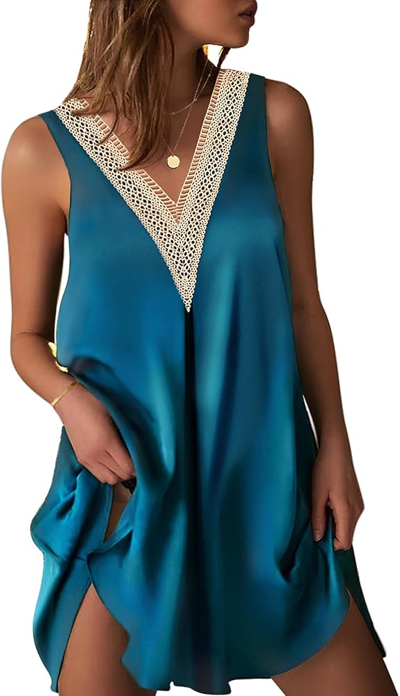 Ekouaer Womens Sleeveless Nightgown Satin Tank Sleep Shirt Guipure Lace V Neck Sleepwear Nightdress S-XXXL