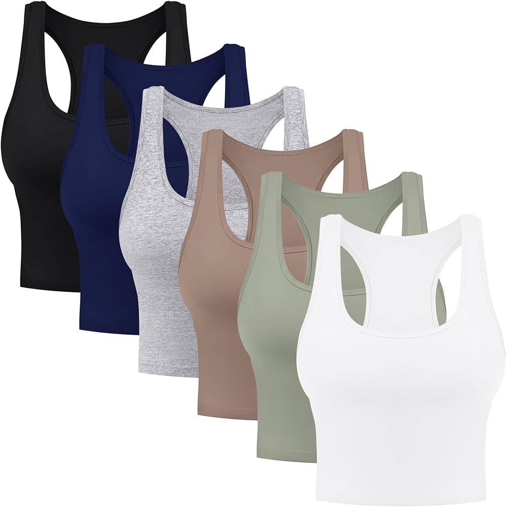 6 Pieces Basic Cotton Crop Tank Tops Sleeveless Racerback Sports Tops Workout Yoga Crop Tops for Women