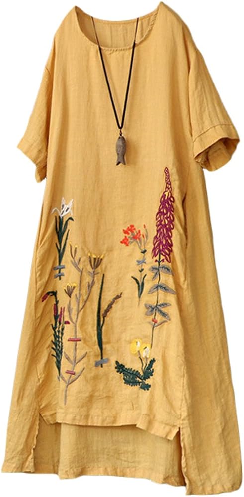 Minibee Women's Embroidered Linen Dress Summer A-Line Sundress Hi Low Tunic Clothing