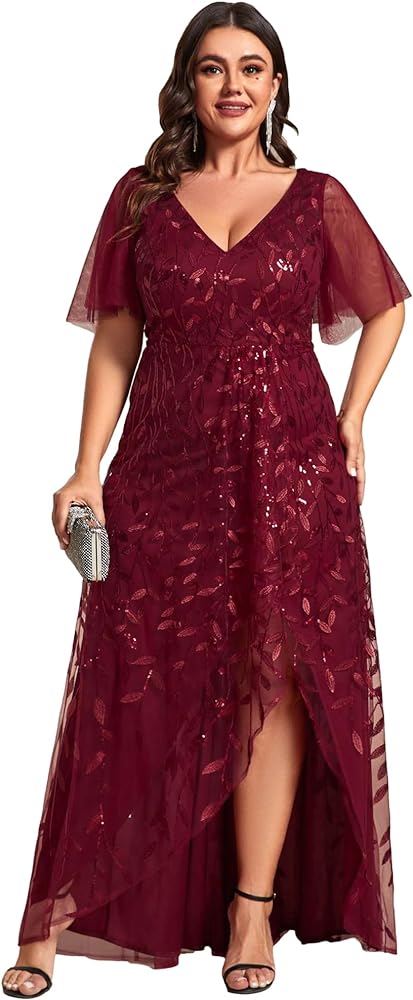 Ever-Pretty Women's Plus Size Gorgeous A Line Sequin Embroidered Evening Dress with Sleeves 02083-DA