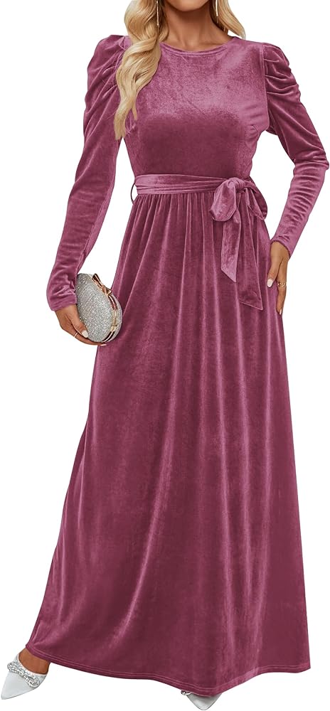 ZESICA Women's Velvet Maxi Dress Long Puff Sleeve Crew Neck Elastic High Waist Cocktail Party Bridesmaid Dresses