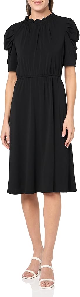 Adrianna Papell Women's Solid Knit Ruffle Neck Pleated Sleeve Midi Dress