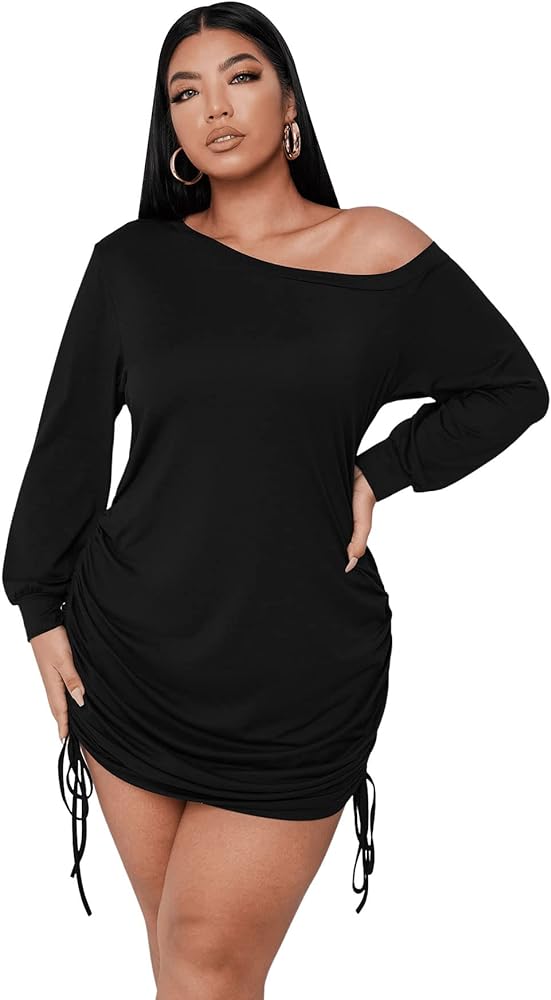 SOLY HUX Women's Plus Size Off Shoulder Long Sleeve Drawstring Side Short Dress