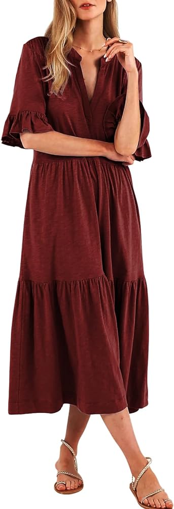 Short Sleeves Maxi Dress for Women A Line Summer Dress V Neck Casual Loose Tiered Long Dresses with Pockets