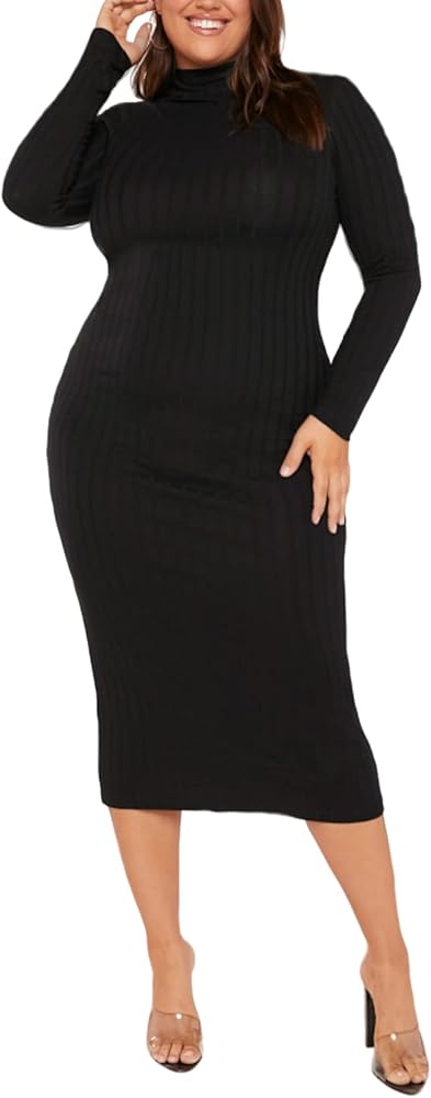 SHENHE Women's Plus Size Basic Mock Neck Long Sleeve Ribbed Knit Bodycon Midi Dresses