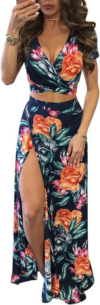 VOIKERDR Dresses for Women Casual Summer Sexy Deep V Split Flower Print Maxi Dresses for Women