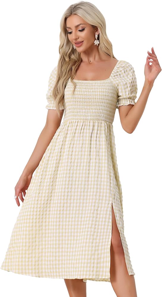 Allegra K Midi Dress for Women's Smocked Front Tie Back Checks Gingham Dresses