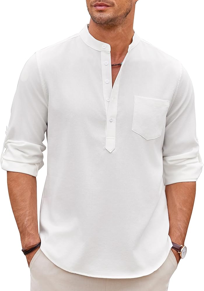 COOFANDY Men's Casual Henley Shirts Long Sleeve Band Collar Summer Linen Beach Hippie T Shirts with Pocket