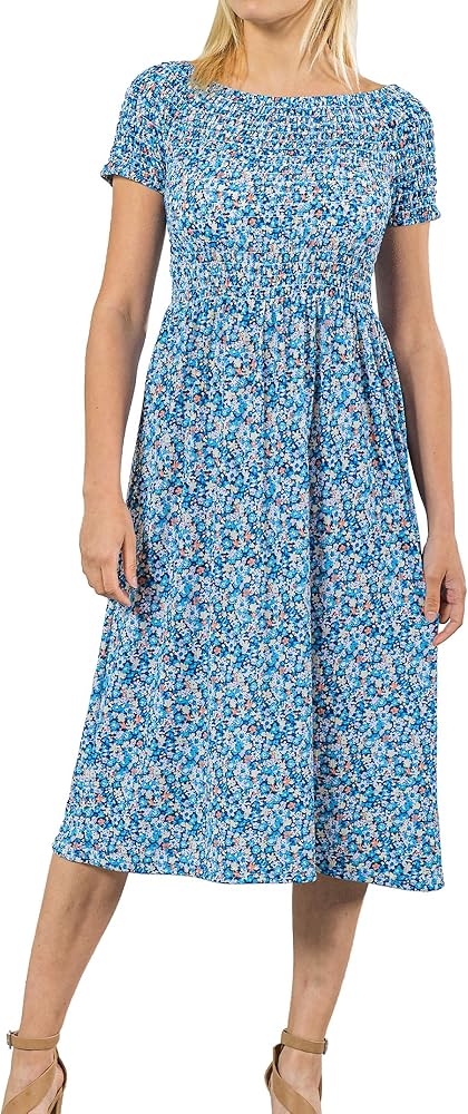 UNIQUE STYLES ASFOOR Womens Sundress Summer Floral Short Sleeve Smocked Midi Dress