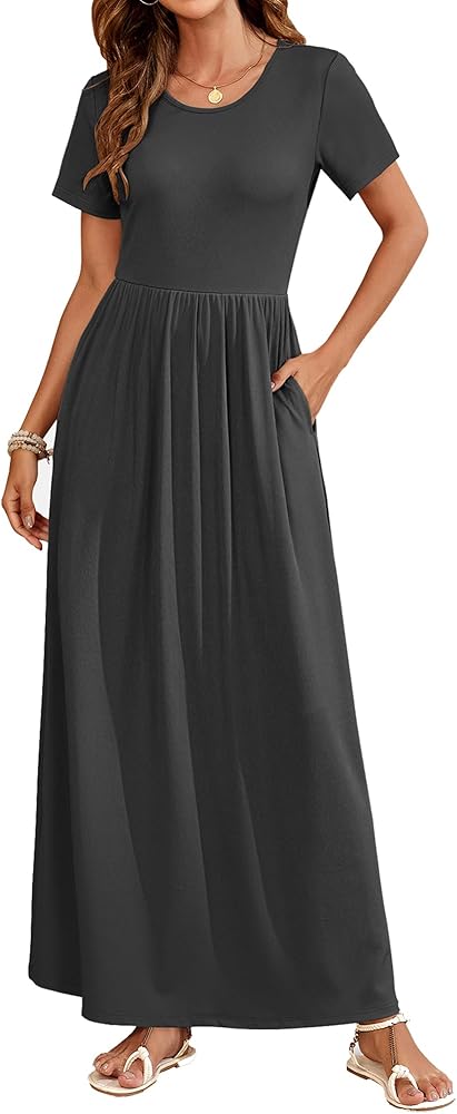 AUSELILY Womens Maxi Dress Casual Short Sleeve Summer Dresses Crewneck Sundresses with Pockets