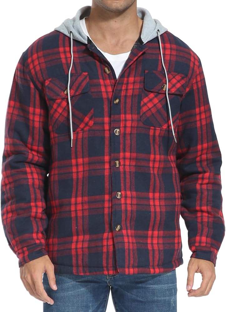 PEGENO Men's Long Sleeve Plaid Button Quilted Lined Flannel Shirt Jacket with Hood