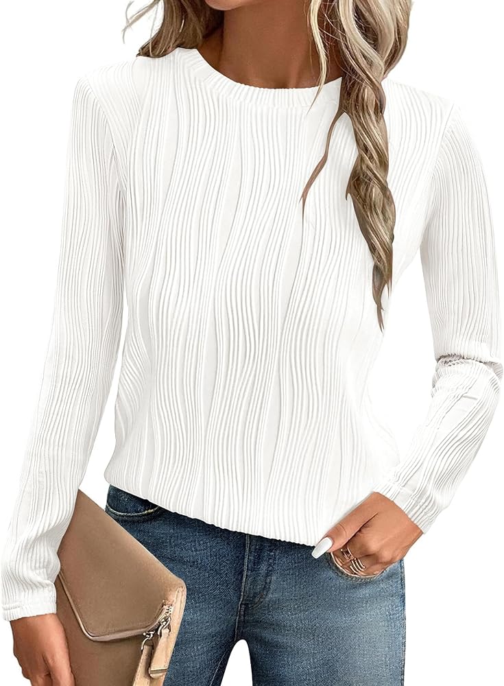 ZESICA Women's Long Sleeve Textured Shirts Fall Crewneck Causal Trendy Knit Tops