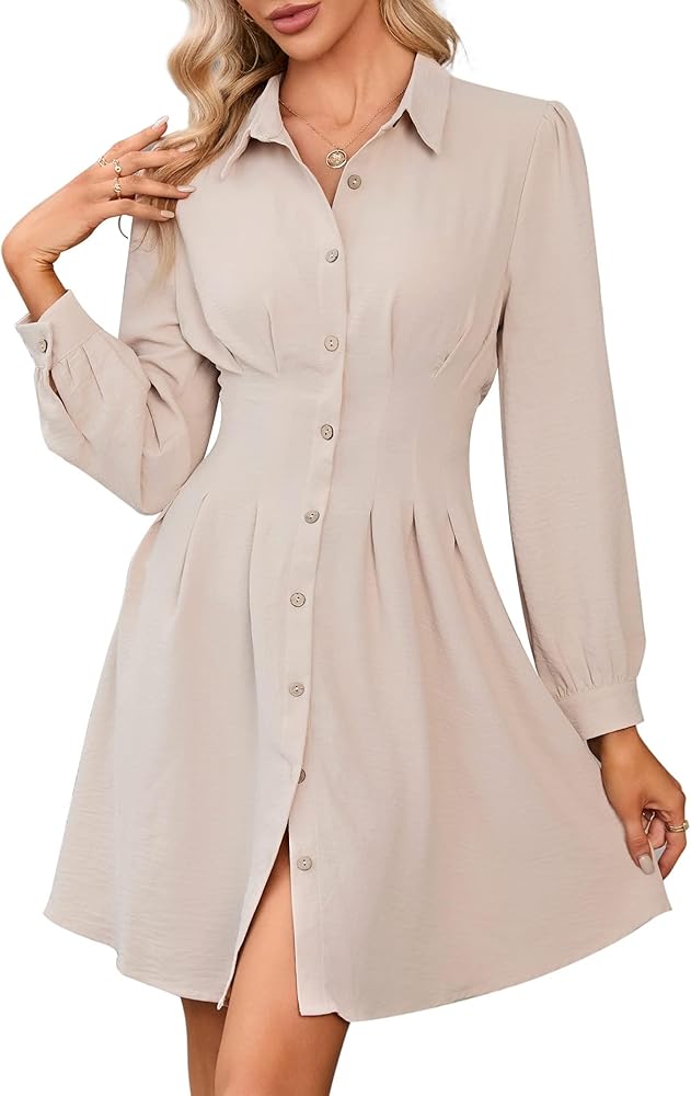 Women's Long Sleeve Dress, Lapel V Neck A-Line Midi Dress Collar Puff Sleeve Elastic Waist Button Down Business Dress