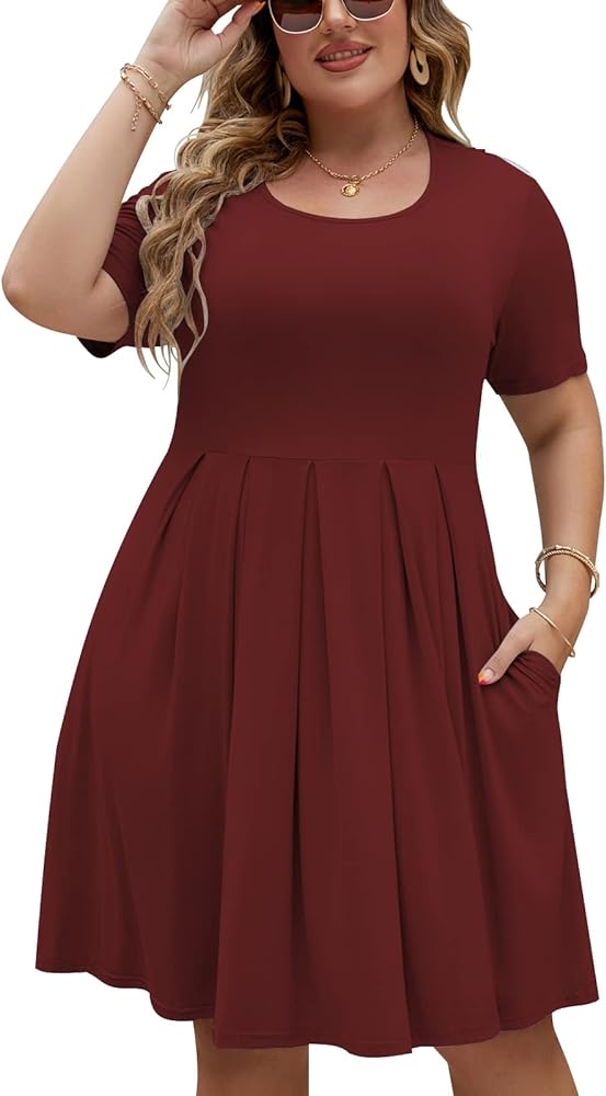 Kancystore Women's Plus Size Pleated Dresses Summer Short Sleeve Loose Swing Dress with Pockets XL-5X