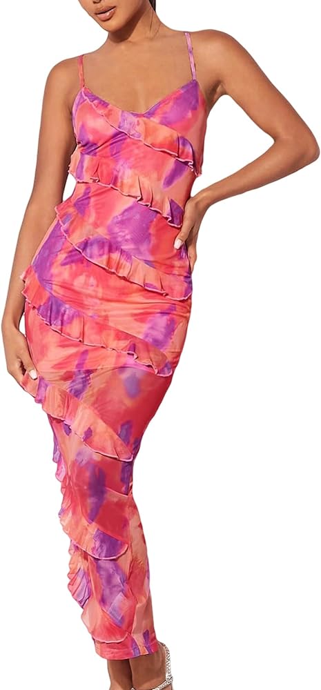 Milumia Women's Tie Dye Ruffle Trim Backless Long Cami Dress Elegant Sleeveless Bodycon Maxi Dresses