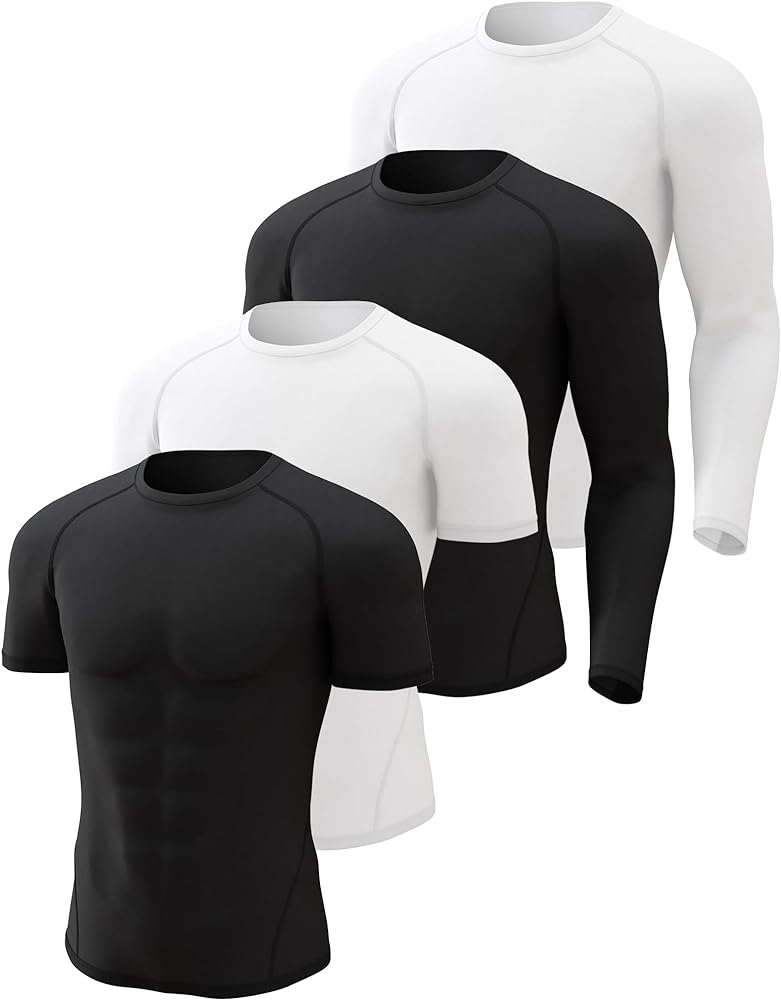 CL convallaria 4 Pack Compression Shirt Men Long/Short Sleeve Dri Fit Cooling Athletic Rash Guard T-Shirt for Sports