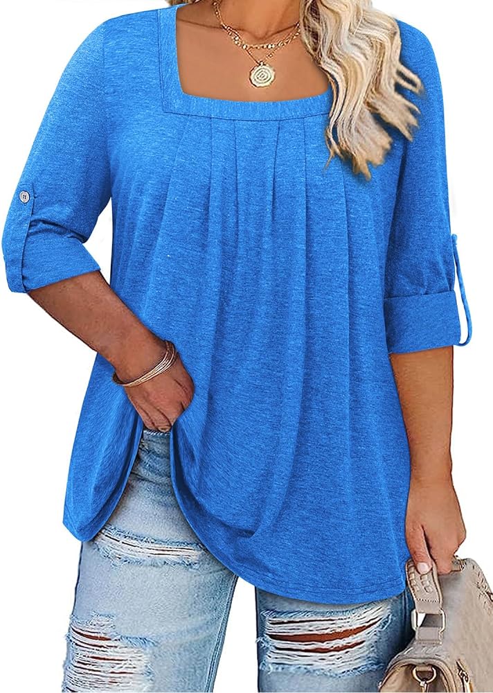 Siddhe Women Short Sleeve Plus Size Tunics, Square Neck Tops Casual Loose Fit T Shirt Blouse Summer 2024