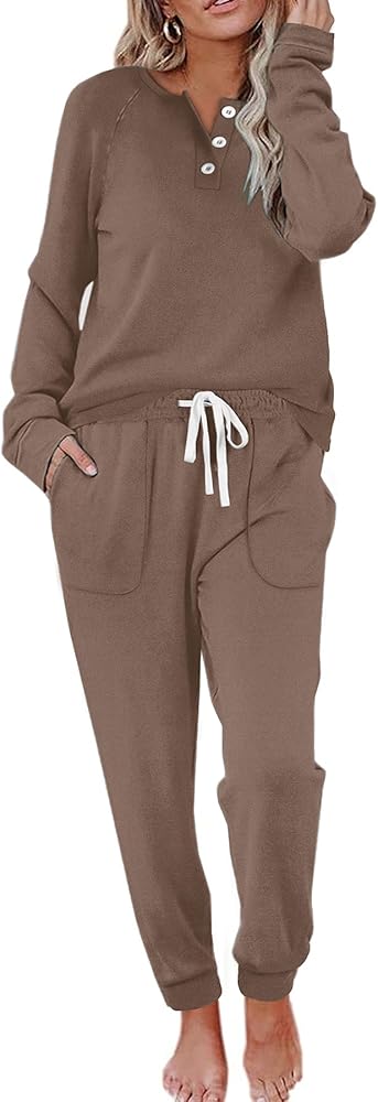 WIHOLL Two Piece Outfits for Women Lounge Sets Button Down Sweatshirt Sweatpants Sweatsuits Set with Pockets