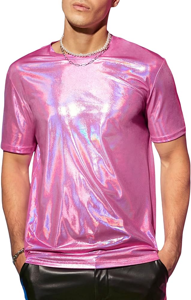 WDIRARA Men's Metallic Crewneck Short Sleeve Party Club Oversized Tee Shirt Top