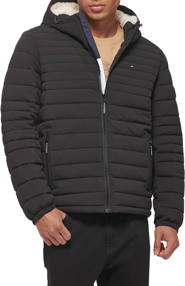 Tommy Hilfiger Men's Stretch Poly Hooded Packable Jacket With Sherpa Lining