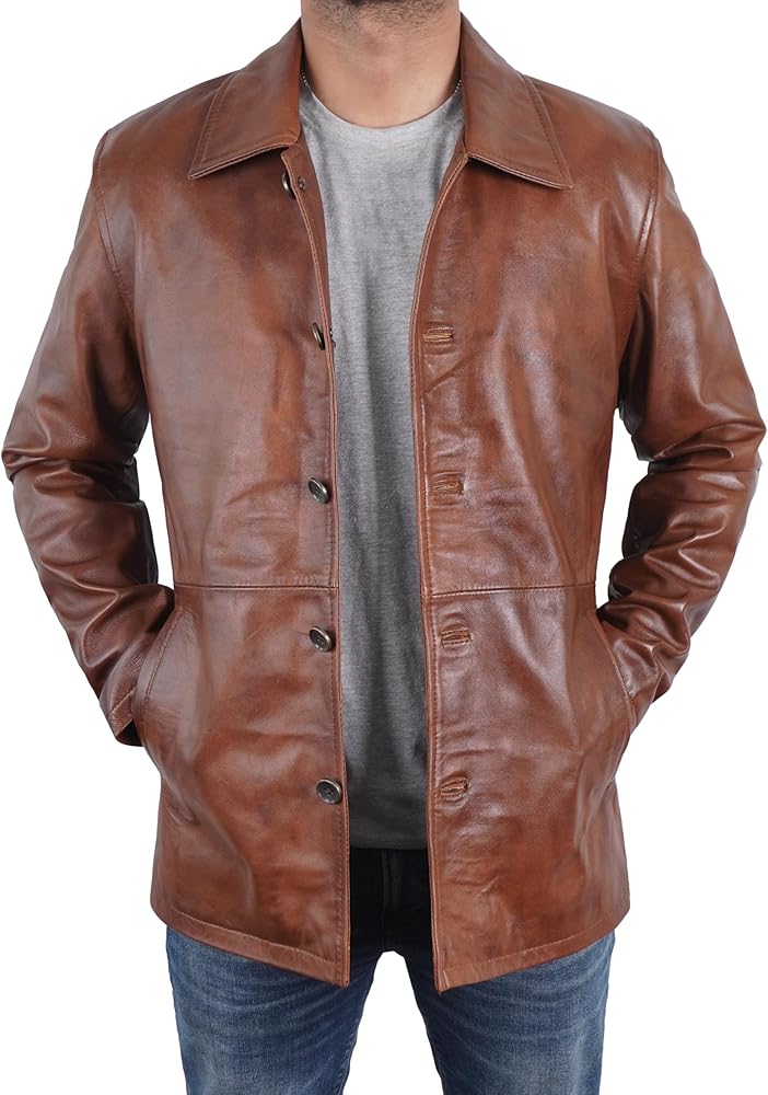 Mens Classic Winter Leather Car Coat 3/4 Length - Button Up Real Lambskin Long Jacket