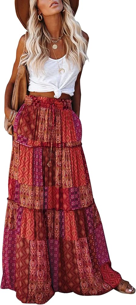 Happy Sailed Womens Floral Print Boho Maxi Skirt Elastic High Waist Pleated Ruffle Flowy Long Skirts S-XL