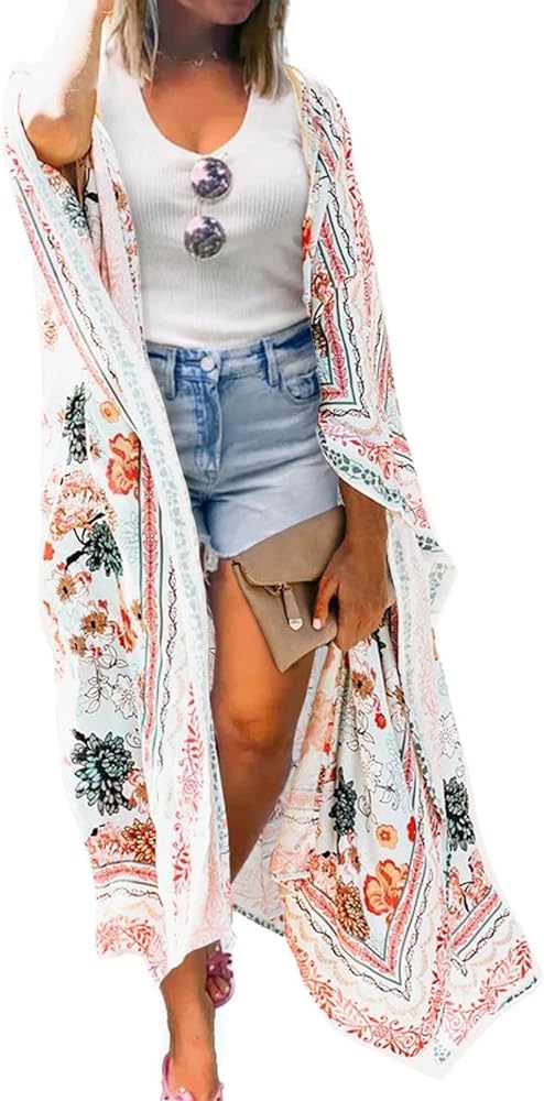 MayBuy Women's Summer Long Flowy Kimono Cardigans Boho Chiffon Beach Cover Up Tops