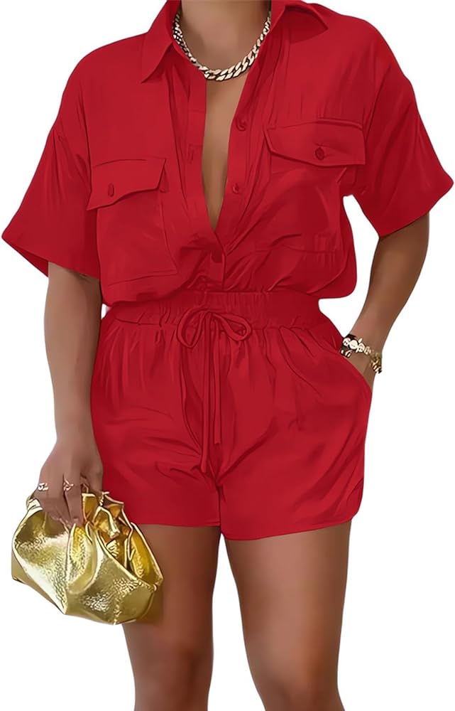 2 Piece Outfits for Women Summer Casual Short Sleeve Button Down Tops Blouses Shirts and Shorts Set with Pockets Romper