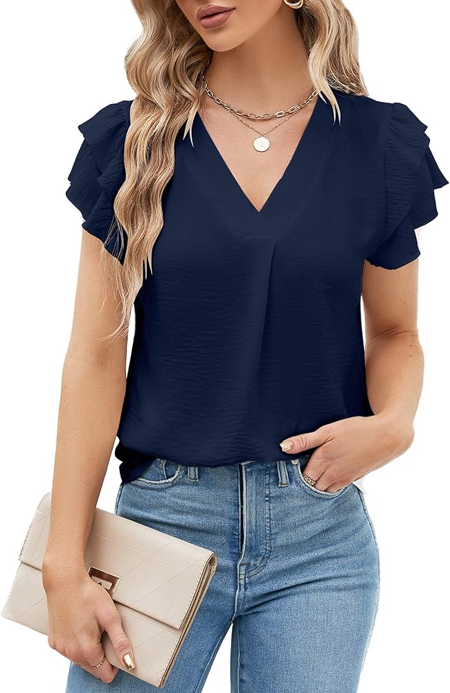 Blooming Jelly Womens Dressy Casual Shirts Short Sleeve V Neck Work Blouse Business Casual Tops