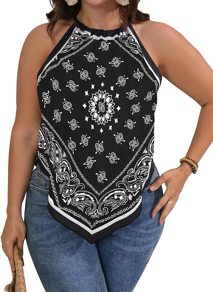 SOLY HUX Womens Plus Size Halter Tops Bandana Tank Top Tie Back Shirts Boho Casual Sleeveless Cami Tops