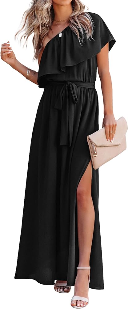 KIRUNDO Womens Summer Maxi Dress Ruffle One Shoulder High Waist Split Beach Party Wedding Guest Long Dresses with Belt