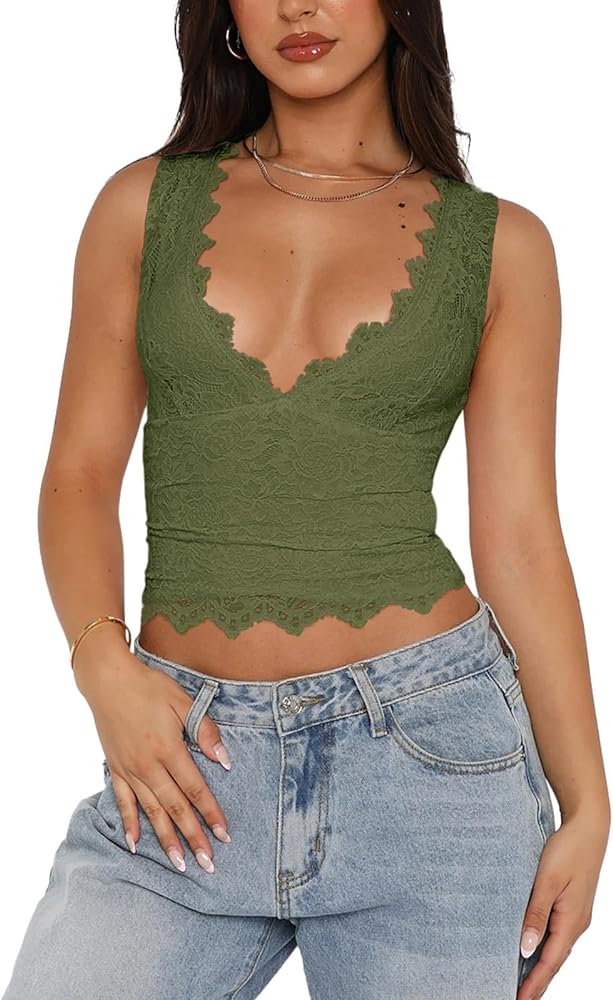 REORIA Womens Sexy V-Neck Sleeveless Double Lined Going Out Y2K Trendy Lace Cropped Tank Tops