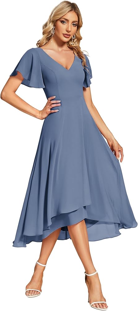 Ever-Pretty Women's V Neck Ruffle Sleeves Irregular Chiffon A-Line Midi Wedding Guest Dresses 01756